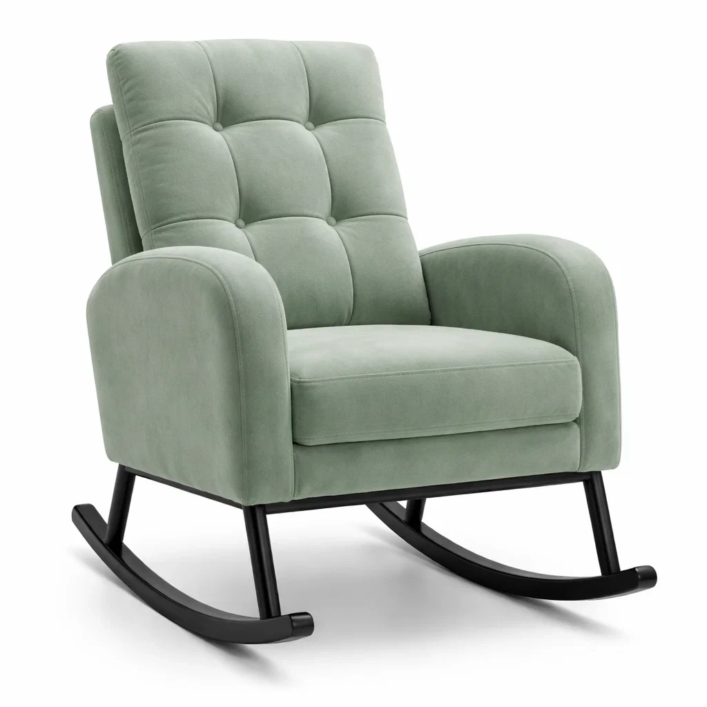 Sedia a dondolo in velluto con gambe in legno verniciato verde chiaro-PURENOOKVIBES