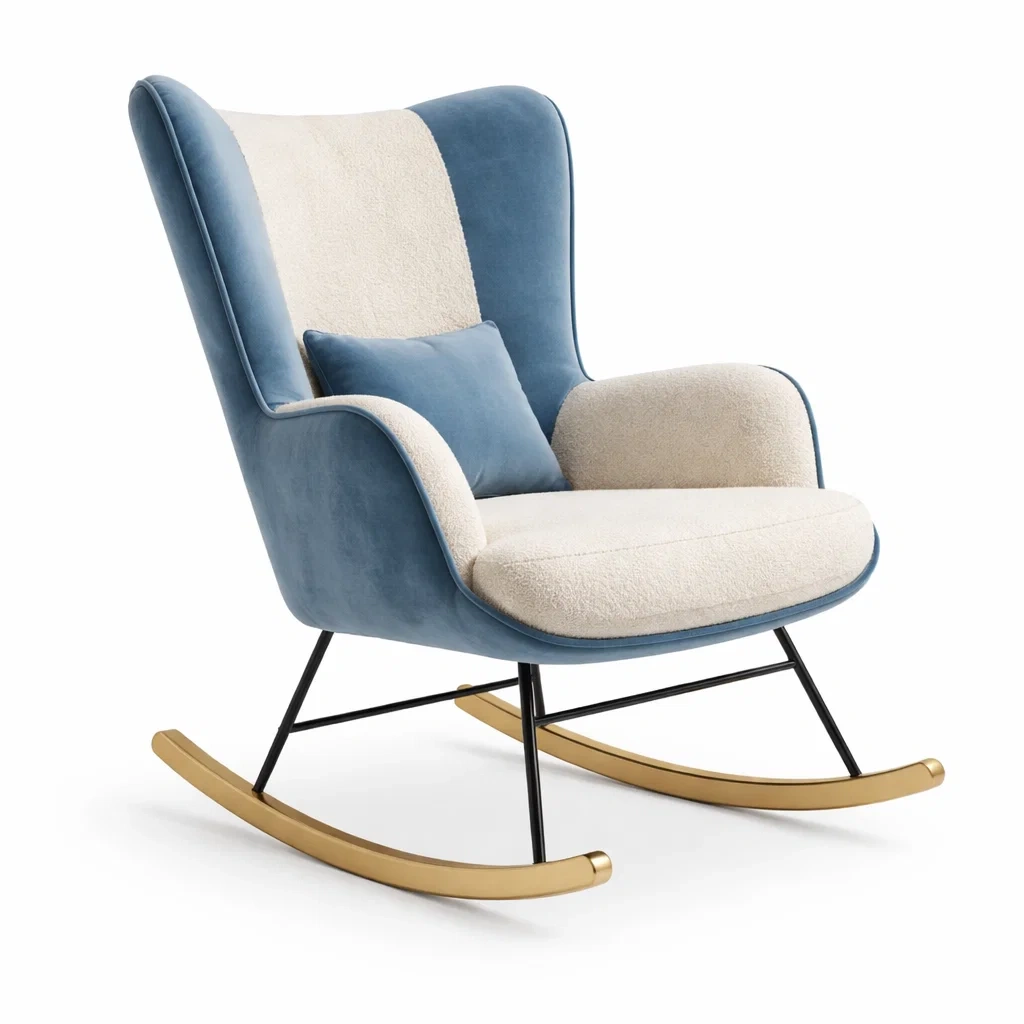 Sedia a dondolo in velluto e tessuto con struttura in metallo blu e avorio-PURENOOKVIBES