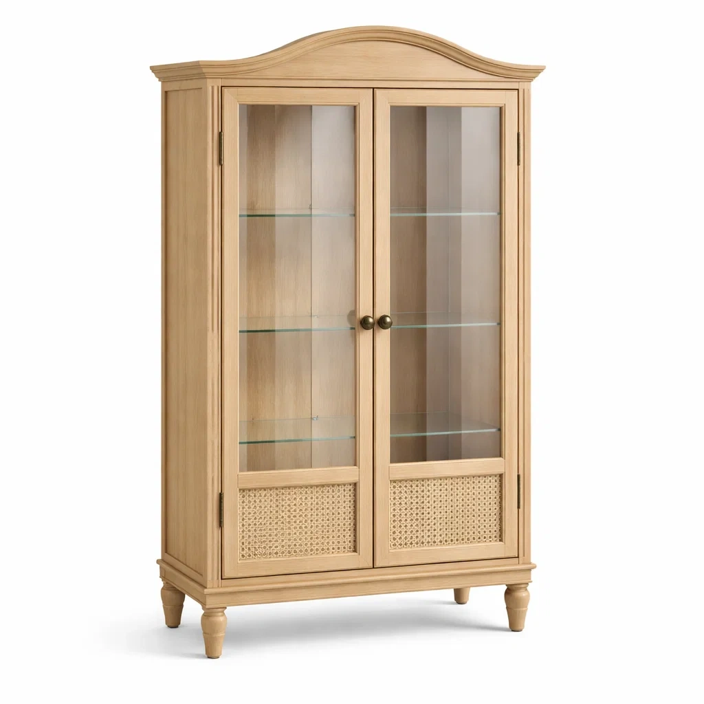 Vetrina in rovere con ante in vetro temperato e dettagli in vimini-PURENOOKVIBES