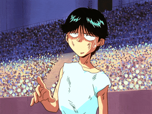 a man in a white shirt is pointing at something in front of a crowd of people