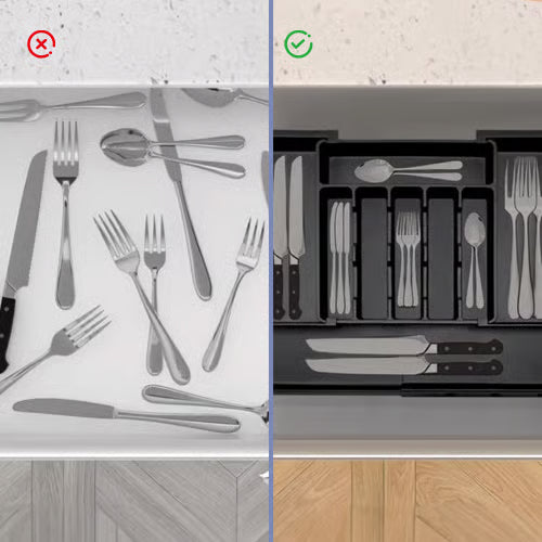 Utdragbar och justerbar bestickhållare för köket