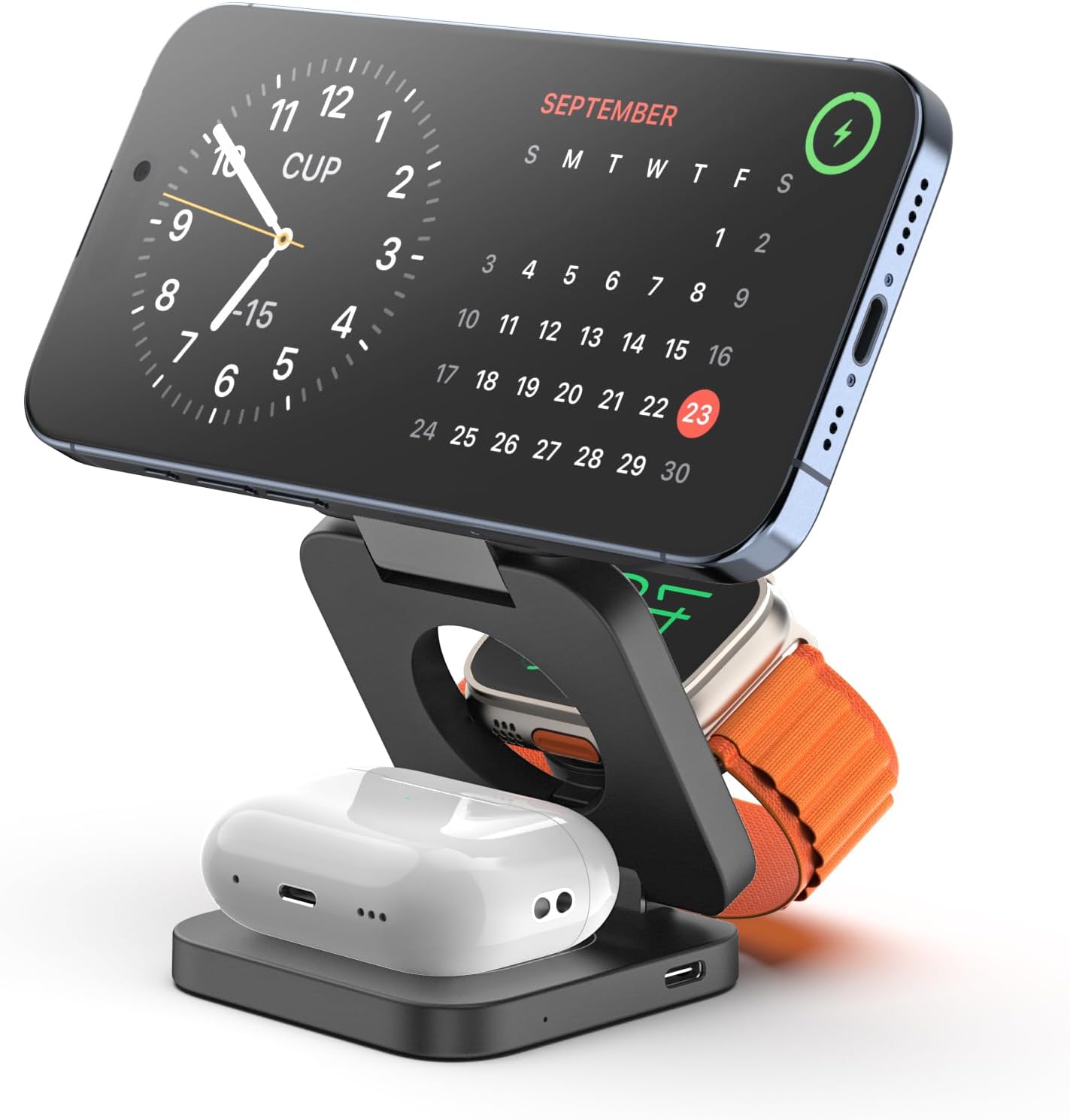 KU XIU Fast Wireless Charger, Magnetic Foldable 3 in 1 Charging Station for iPhone 17/16/15/14/13/12/Pro/Plus/Pro Max, 5W Portable Charger for Apple Watch10/9/8/7/6/5/4/3/SE, for Airpods3/2/Pro-Black