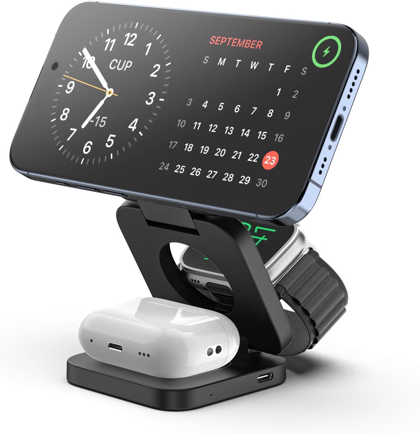 KU XIU Fast Wireless Charger, Magnetic Foldable 3 in 1 Charging Station for iPhone 17/16/15/14/13/12/Pro/Plus/Pro Max, 5W Portable Charger for Apple Watch10/9/8/7/6/5/4/3/SE, for Airpods3/2/Pro-Black