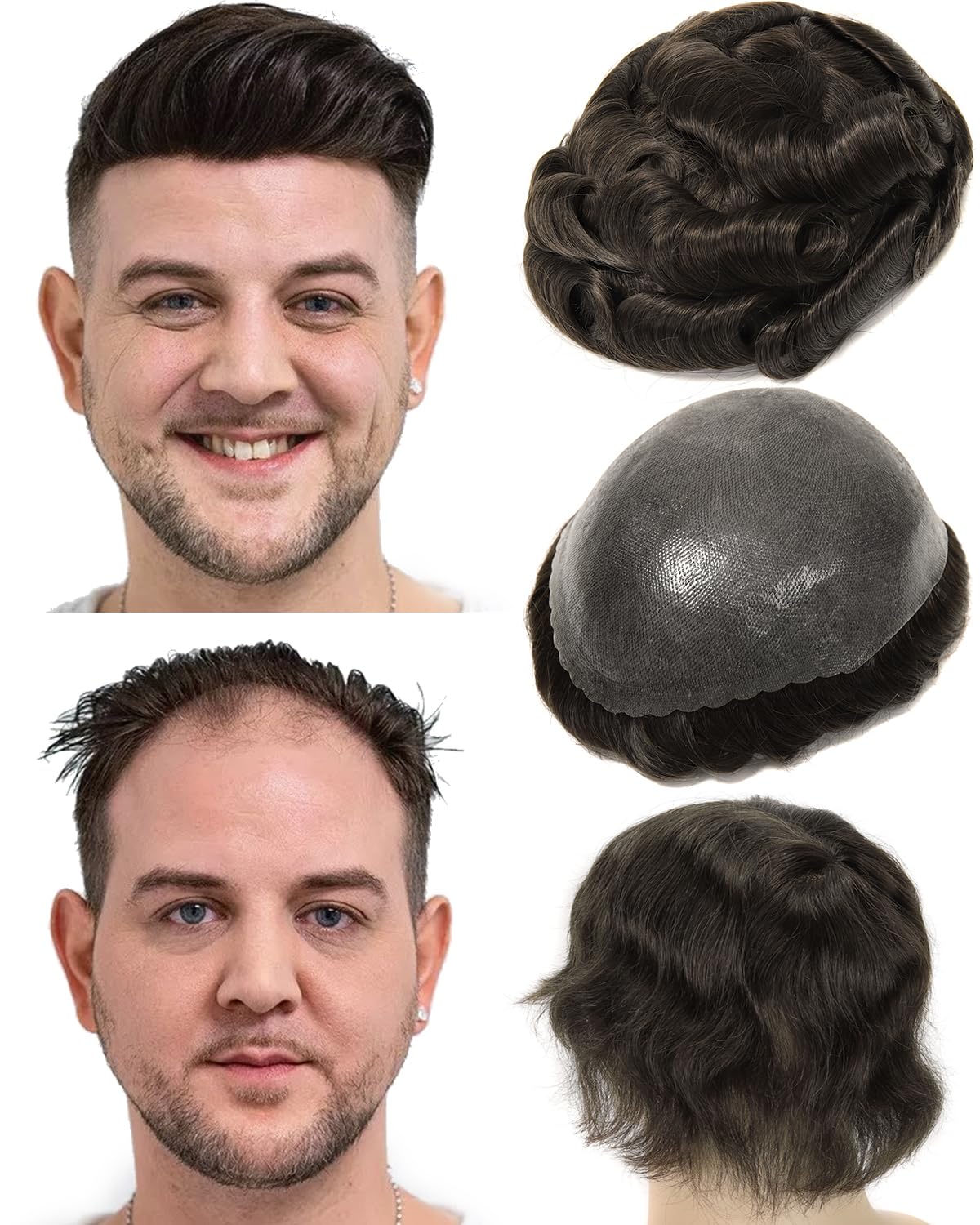 BEEOS 0.10mm Durable PU Skin Toupee for Men, 130% Medium Density Volume Human Hair Mens Hairpiece No Shed, 8x10 Inch Mens Hair Replacement System #1B Natural Black