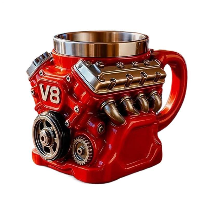Kaffemugg med motortema, en retromugg i rostfritt stål med V8-motor.