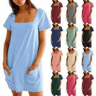 👗✨ 50% RABATT! Ledig Klänning med Fyrkantig Hals & Fickor