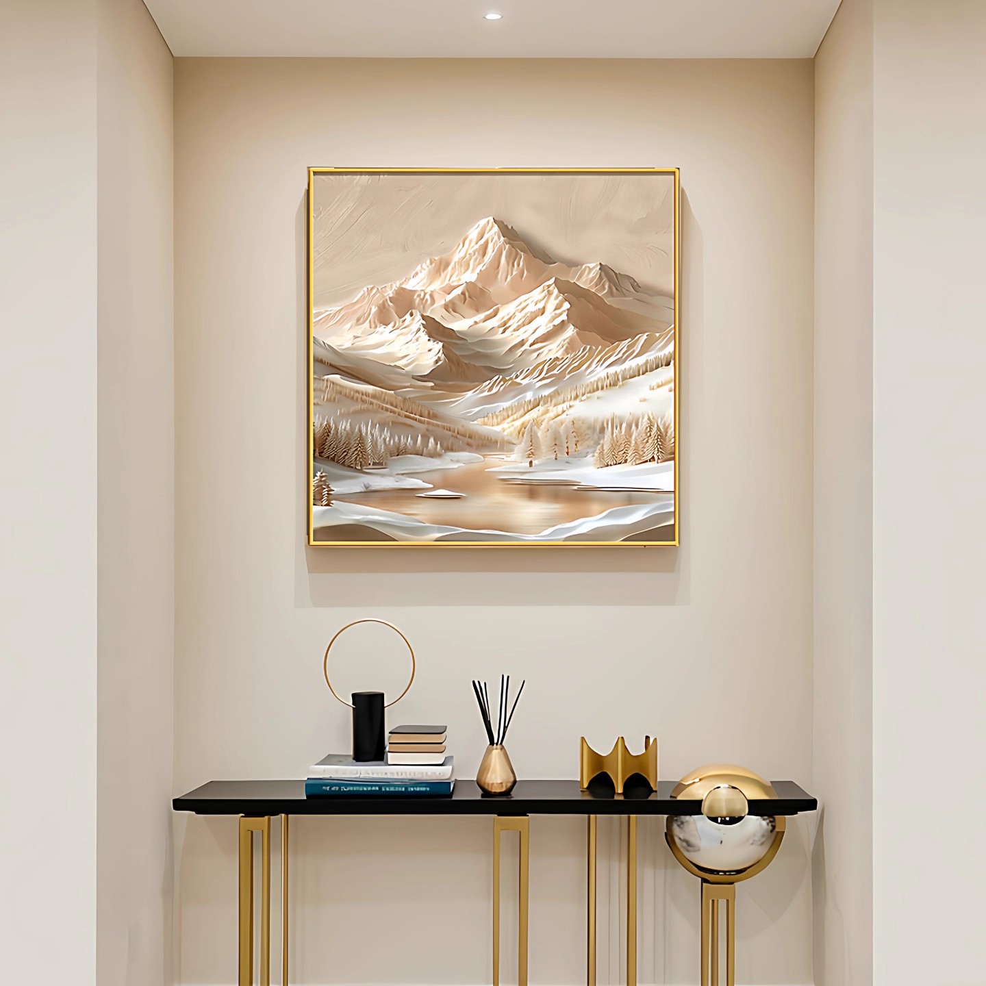 🏔️ Lyxig Bergslandskap Tavla – Modern Väggkonst med Guldram