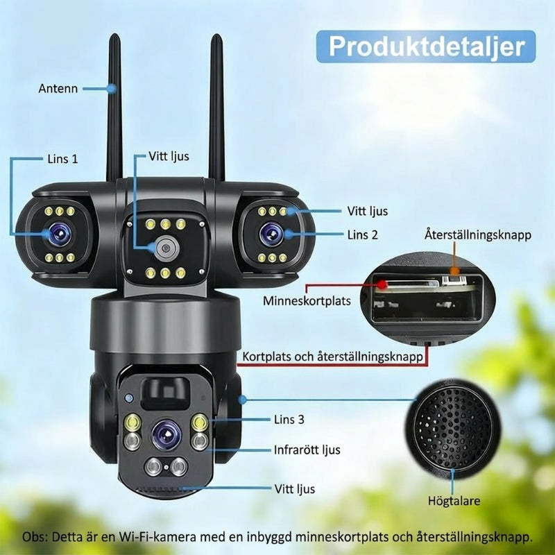 📢📢 55 % RABATT!!! ⏰ Utomhus-Wi-Fi-övervakningskamera 6K 9 MP | 10x zoom, 3 objektiv, 360° PTZ | Vattentät enligt IP66, färgseende i mörker, tvåvägskommunikation, rörelsespårning