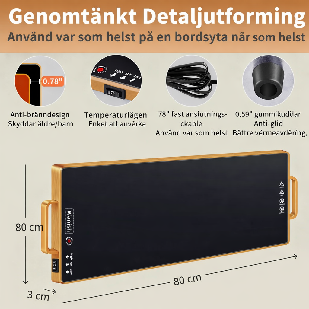 Elektrisk värmebricka (L 32"x12"), matvärmare för fester med termostat och full ytvärme, härdad glasvärmematta för mat, temperaturjusterbar guldhandtag matvärmematta