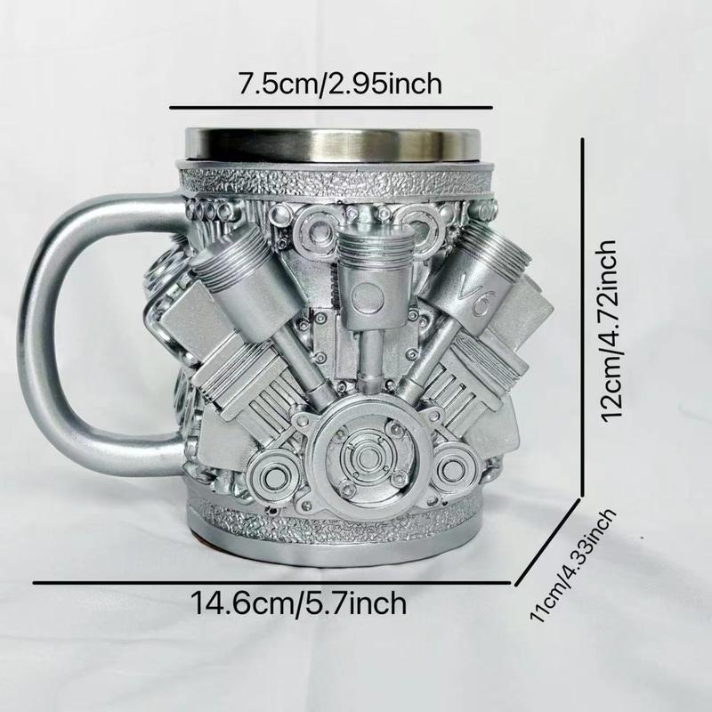 Kaffemugg med motortema, en retromugg i rostfritt stål med V8-motor.