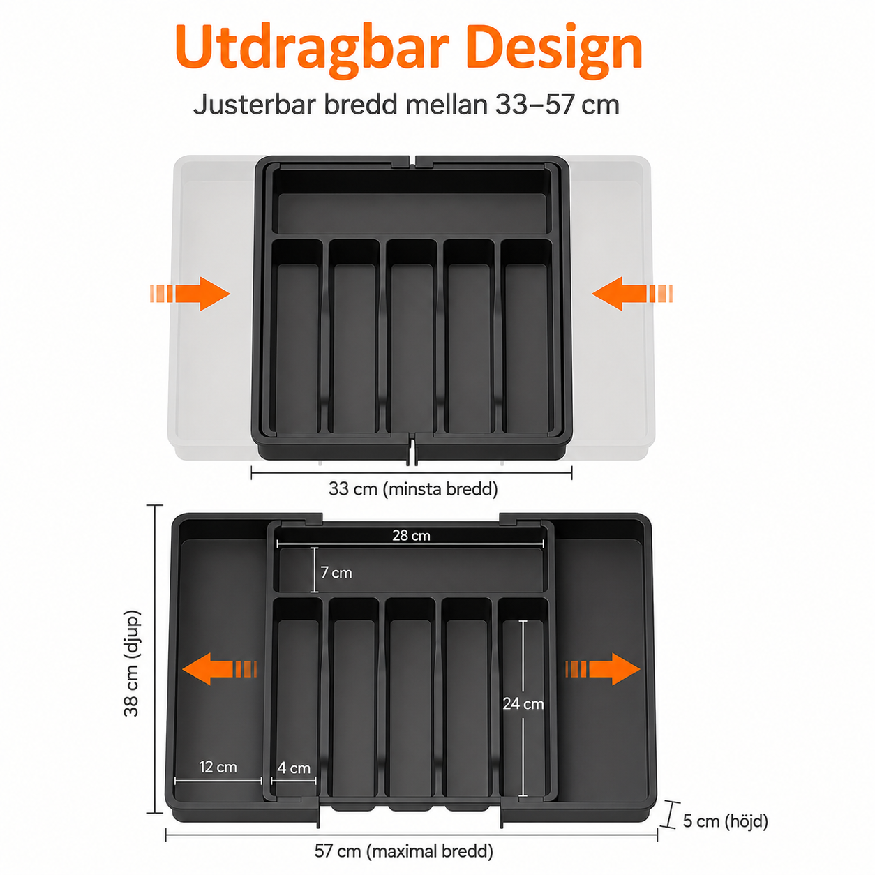 Utdragbar och justerbar bestickhållare för köket