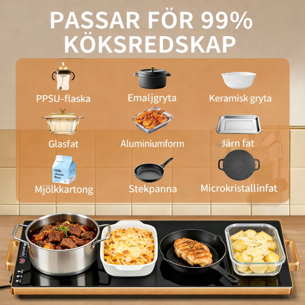 Elektrisk värmebricka (L 32"x12"), matvärmare för fester med termostat och full ytvärme, härdad glasvärmematta för mat, temperaturjusterbar guldhandtag matvärmematta