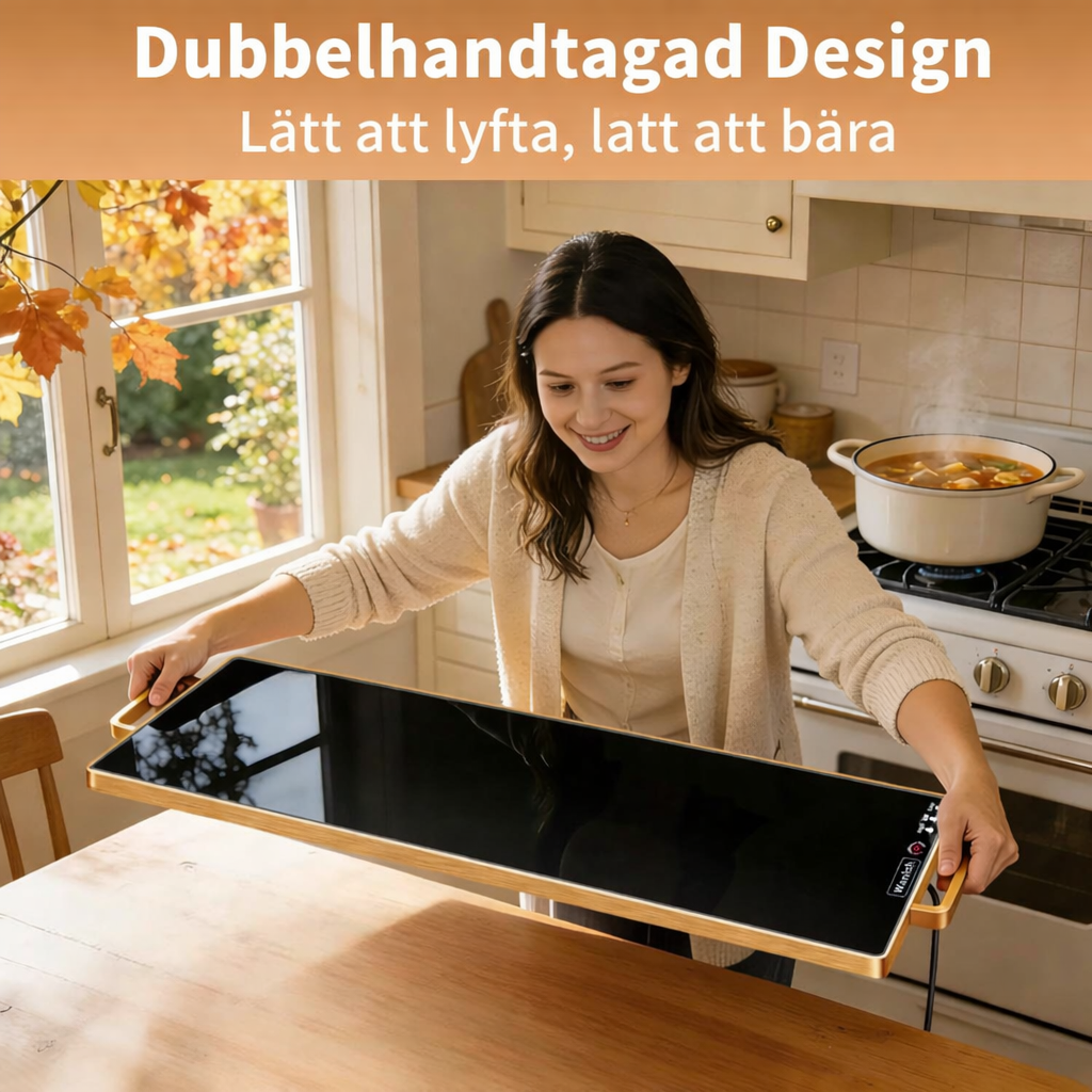 Elektrisk värmebricka (L 32"x12"), matvärmare för fester med termostat och full ytvärme, härdad glasvärmematta för mat, temperaturjusterbar guldhandtag matvärmematta