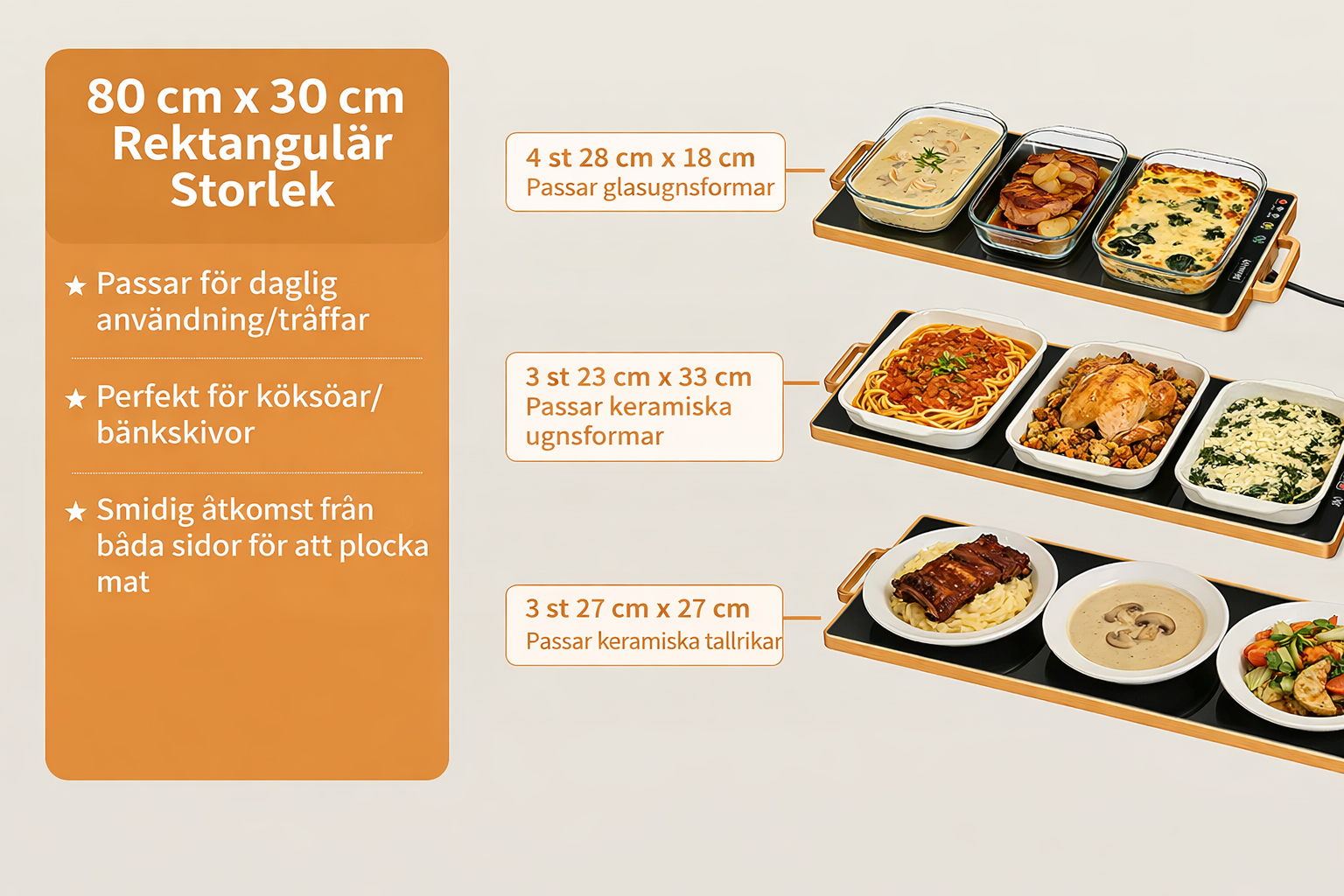 Elektrisk värmebricka (L 32"x12"), matvärmare för fester med termostat och full ytvärme, härdad glasvärmematta för mat, temperaturjusterbar guldhandtag matvärmematta