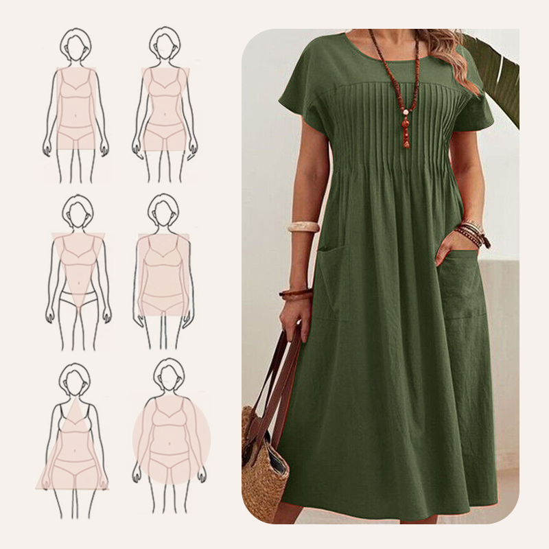 👗 50% RABATT! ✨ Plisserad Klänning för Kvinnor med Korta Ärmar & Fickor – Bomull-Linneblandning, Bekväm & Perfekt för Sommar ☀️