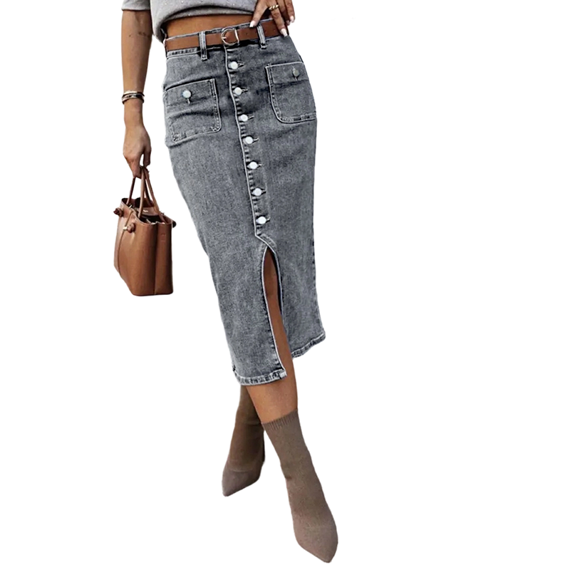 👗 50% RABATT! ⏳ Högmidjad Denimkjol med Knappar Fram – Klädsam A-linje, Justerbar passform & Klassisk stil 💙