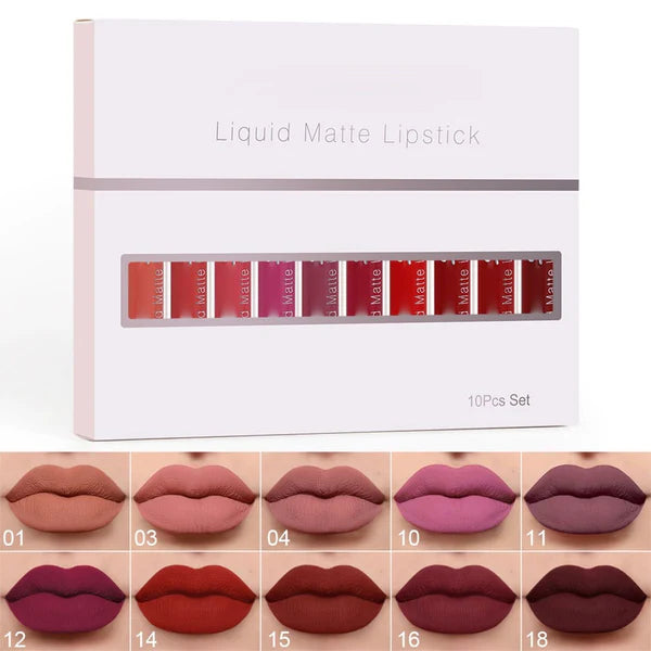 💝 50% RABATT! 💄| 10-pack Matt Vattenfast Läppstiftsset – Vitamin E, Avtryckssäkert & Långvarig Färg För Perfekt Läppar 👄