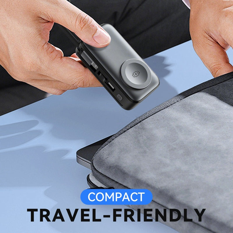 🌞Fris De Lente In Met 50% Korting!📱3-in-1 Magnetische Mini Powerbank - Ingebouwde Kabels & Roterende Plug - 5000mAh - Draadloos Opladen voor iPhone, Watch & Android - Ultra Compact