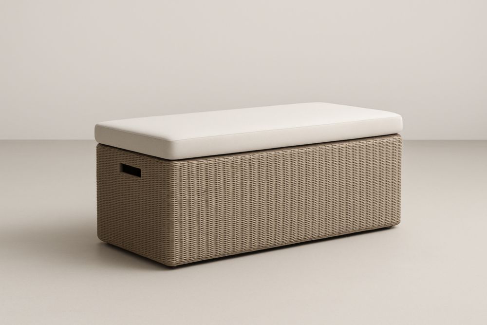 Banc de rangement en résine tressée avec coussin en mousse blanc
