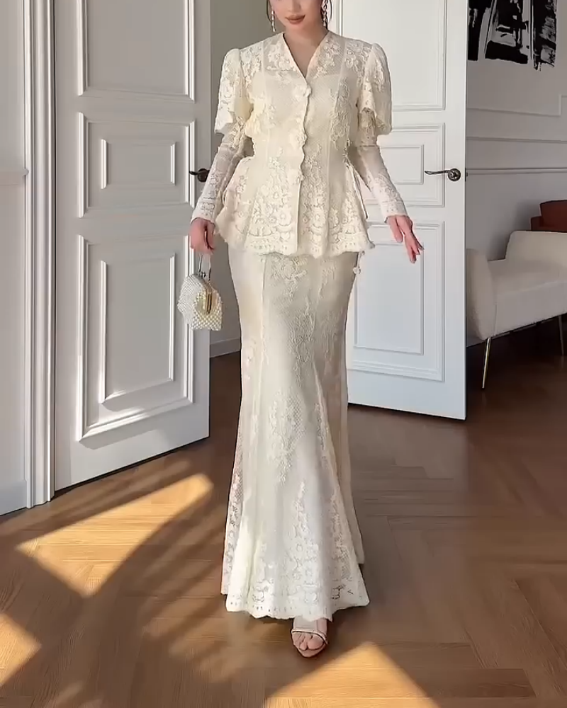 Women's French-Style Lace Two-Piece Set: Waist-Cinching Fishtail Skirt & Top — An Elegant Ensemble