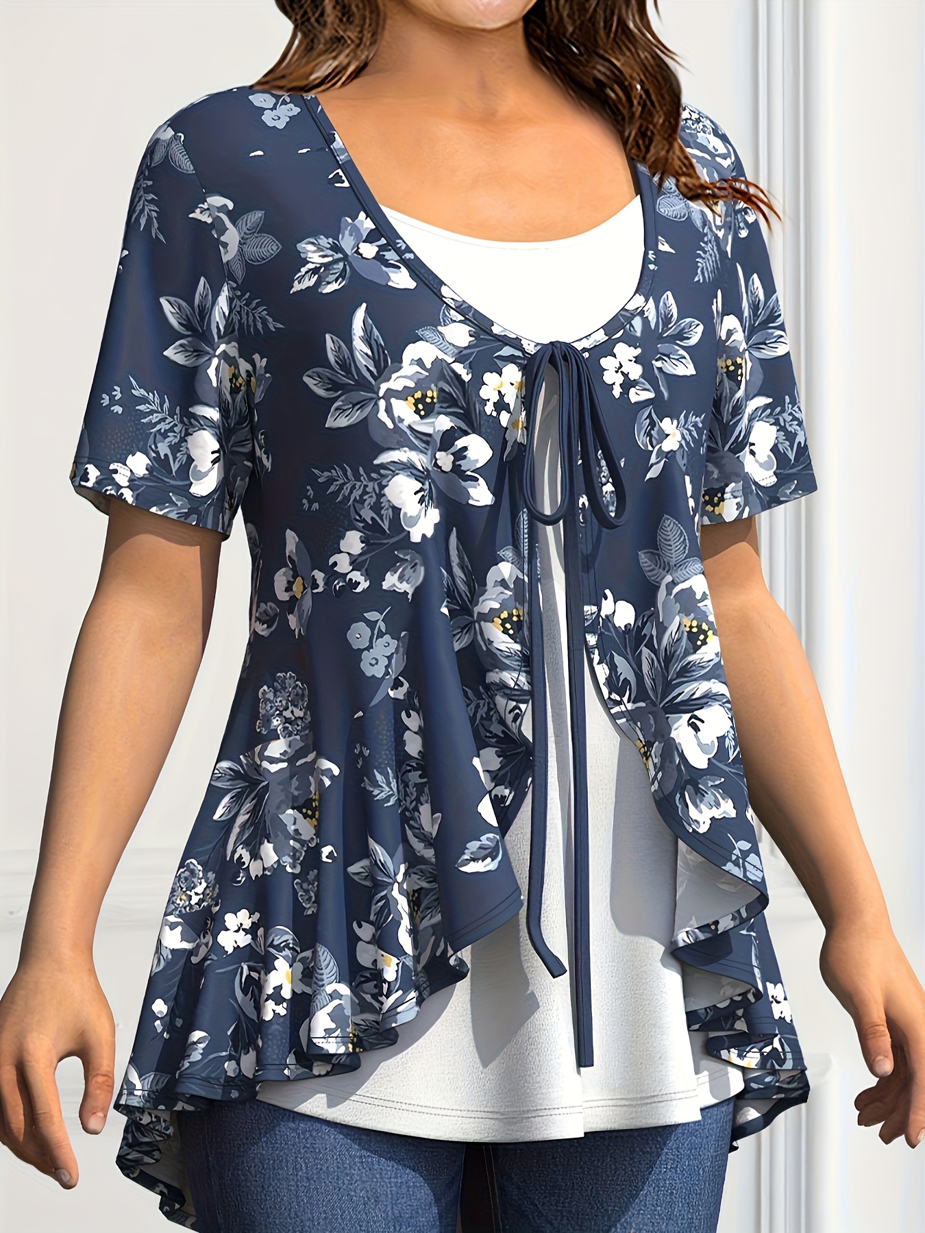 Plus Size Women's Chiffon Spliced Fake Two Piece Top