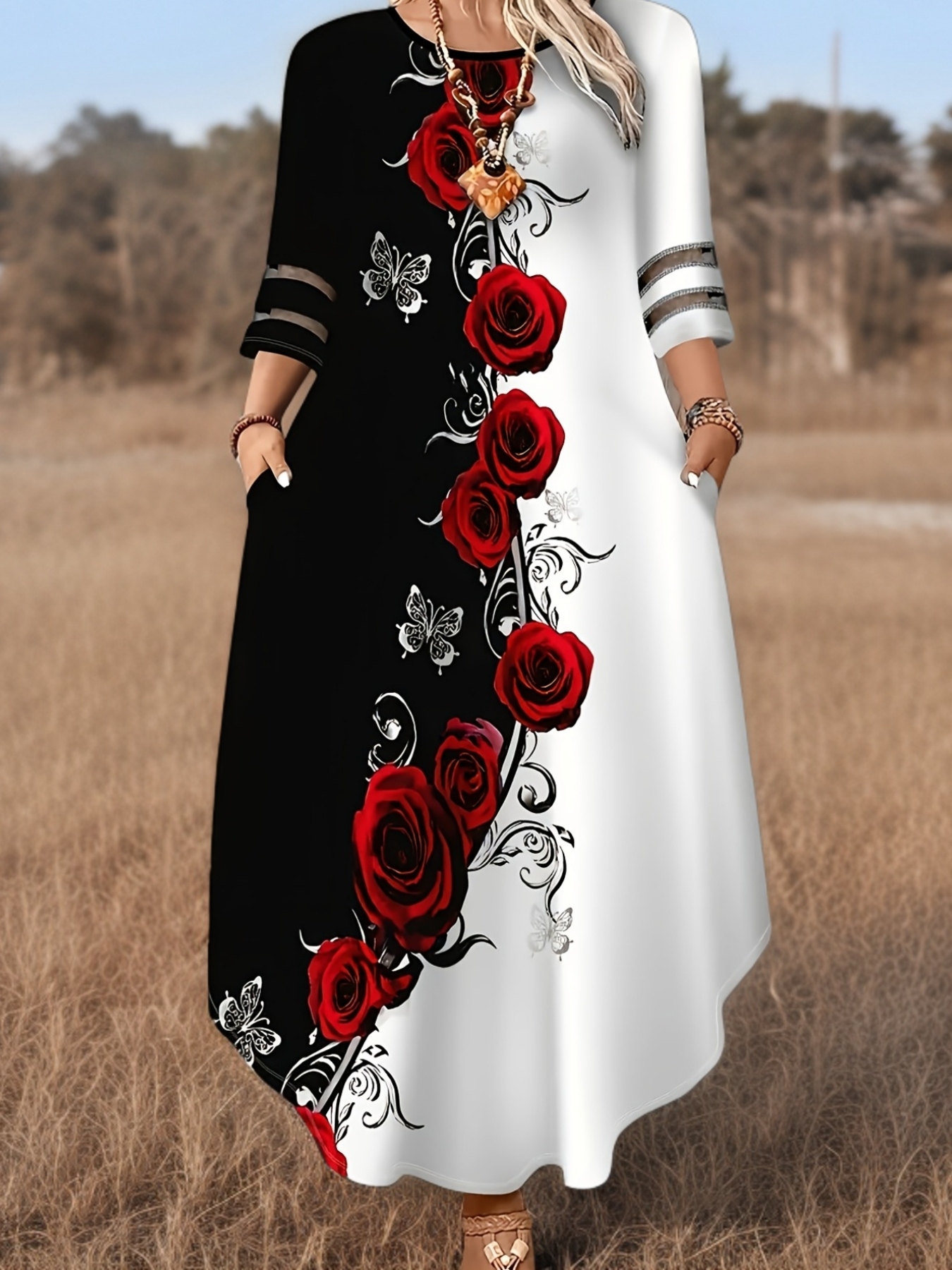 Plus Size Butterfly Floral Print Maxi Dress