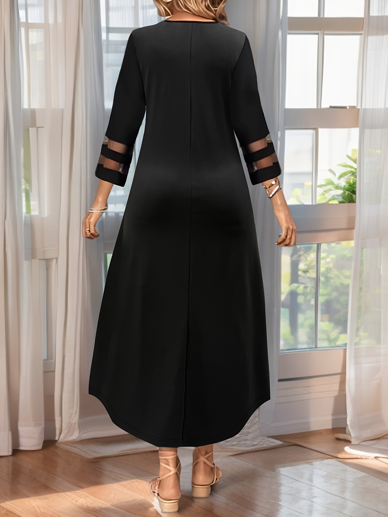 Plus Size - Elegant Women's Round Neck Heart-Shaped Rhinestone Mesh Spliced Three-Quarter Sleeve Dress