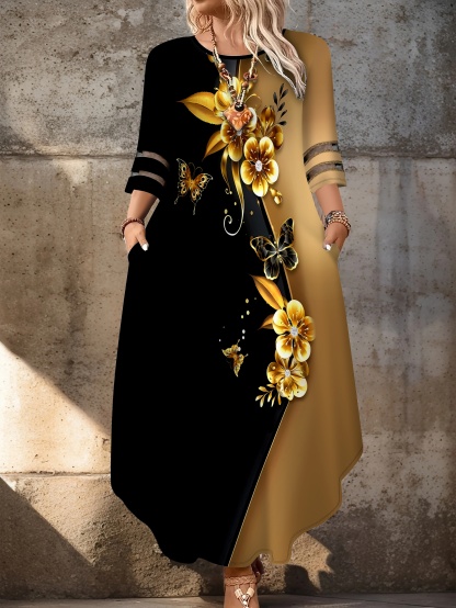 Plus Size Butterfly Floral Print Maxi Dress