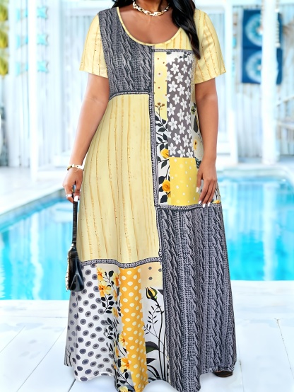 Plus Size Patchwork Floral Print Maxi Dress