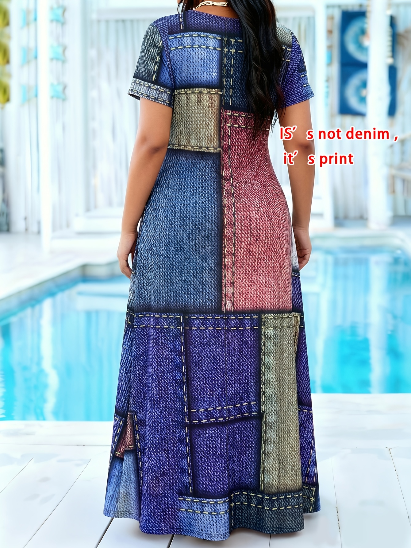 Plus Size Denim Look Patchwork Print Maxi Dress