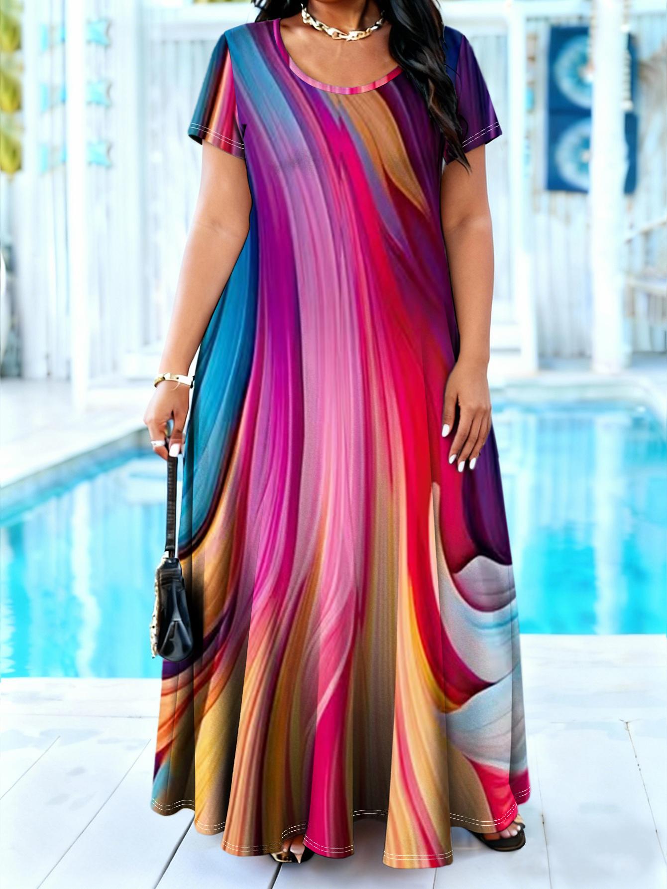 Plus Size Rainbow Swirl Gradient Maxi Dress