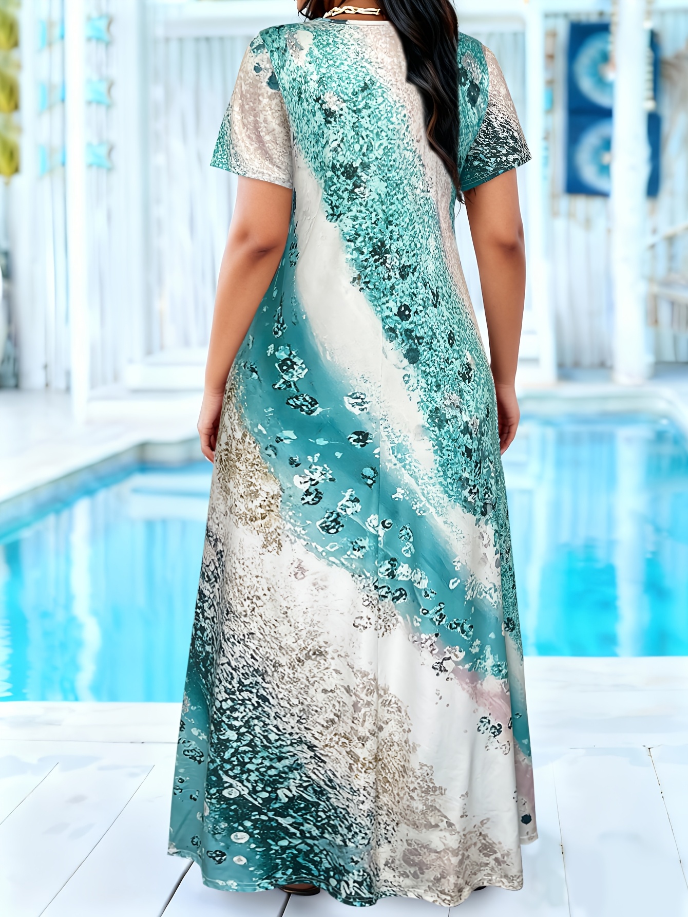 Plus Size Ocean Texture Print Maxi Dress