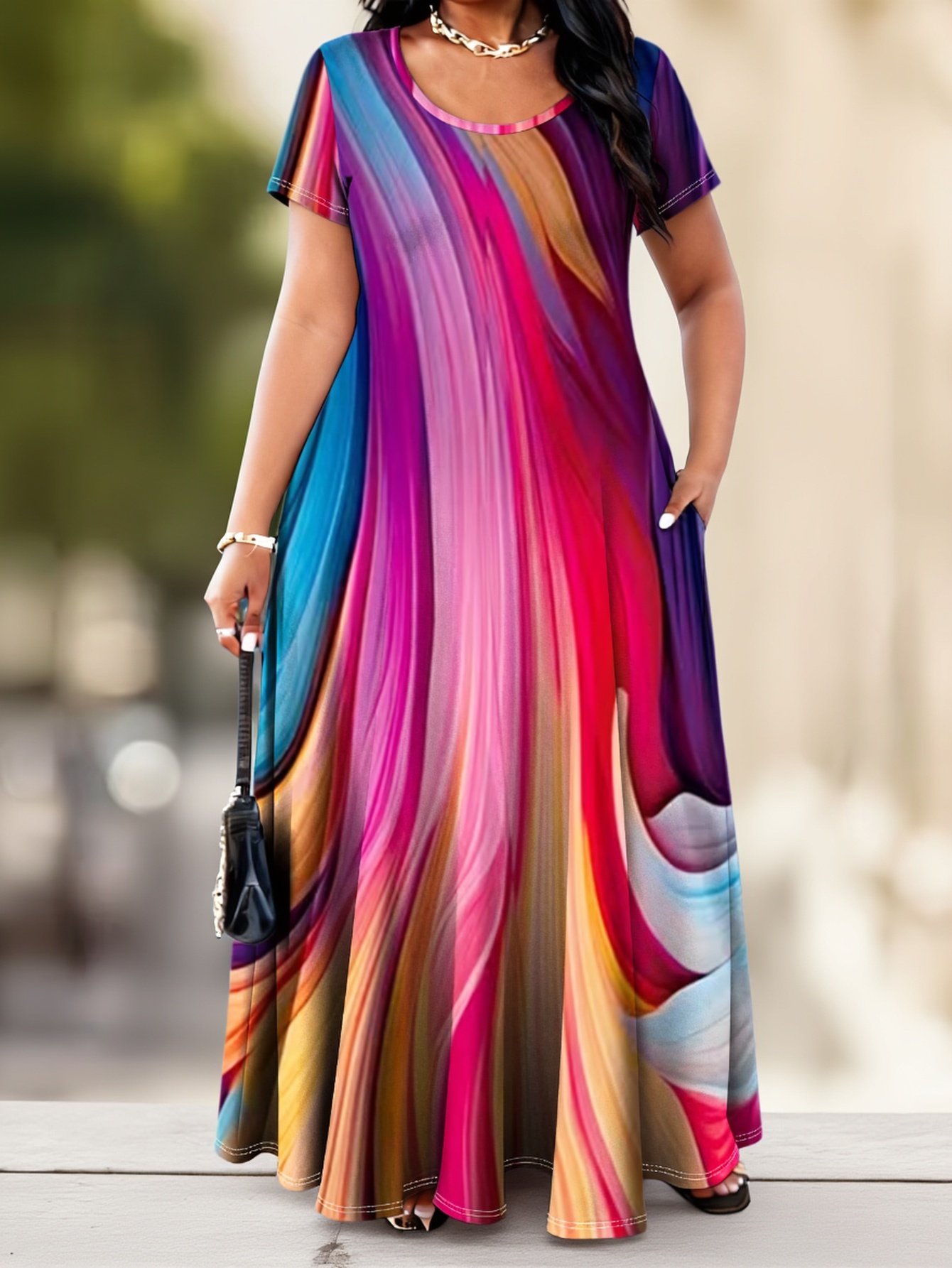 Plus Size Rainbow Swirl Gradient Maxi Dress
