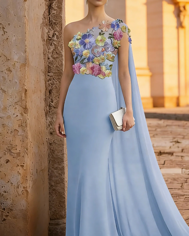 Sheath/Column One-Shoulder Sleeveless Floral Evening Dresses With Cape Elegant Wedding Formal