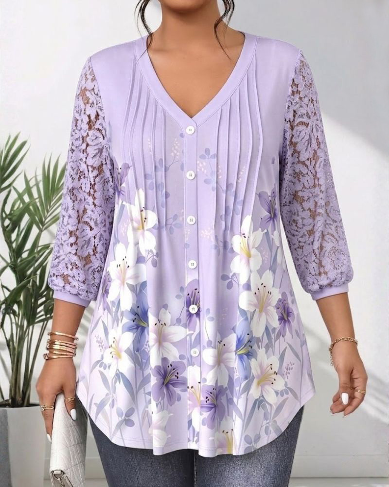 [Copy]Plus Size loral Print V Neck Lace 3/4 Sleeve Pleated Button Front Blouse 