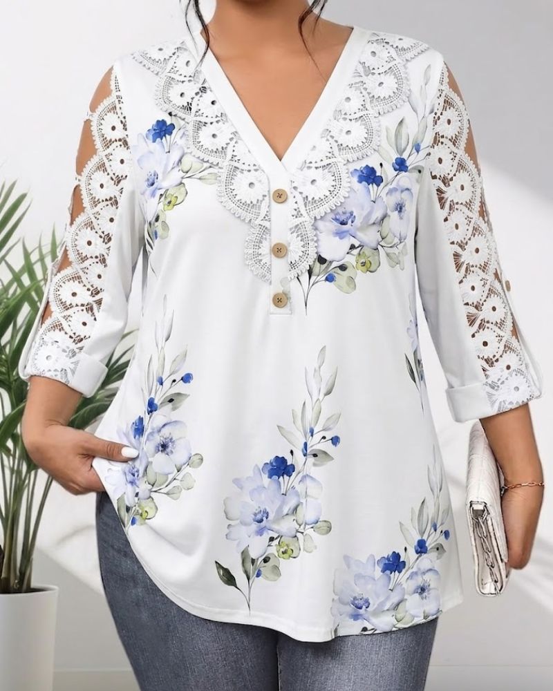 Plus Size V Neck Floral Print Lace Cold Shoulder Roll Up Button Detail 3/4 Sleeve Blouse