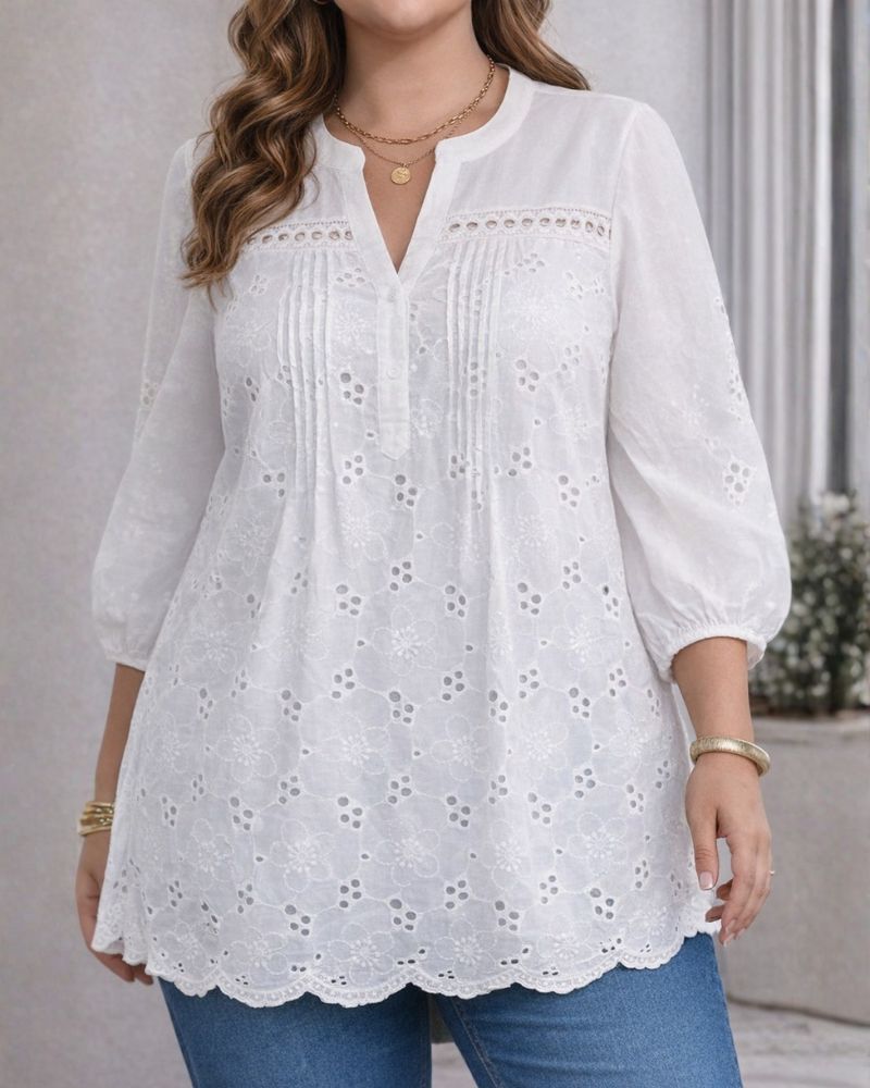 Plus Size V-Neck 3/4 Sleeve Eyelet Embroidered Blouse