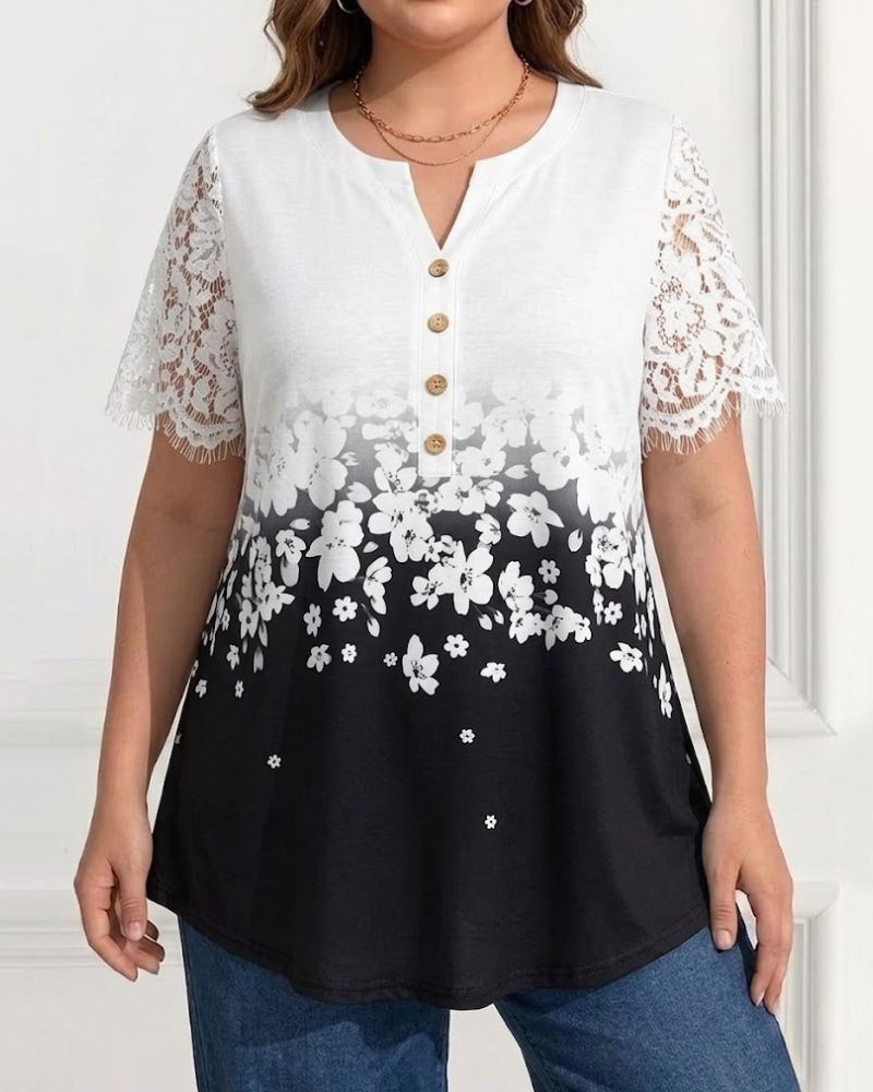 [Copy]Plus Size Casual V-Neck Button Front Ombre Floral Print Blouse with Lace Short Sleeves Tunic Top