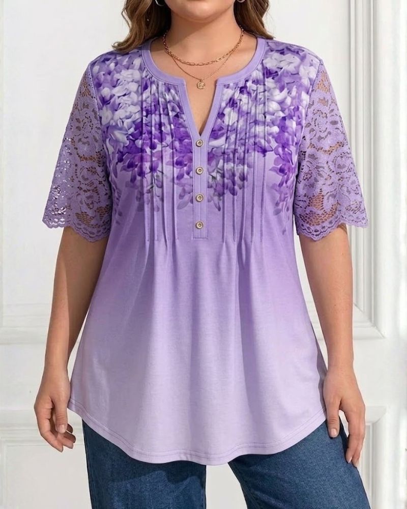 Plus Size Floral Print Lace Sleeve Pleated Top