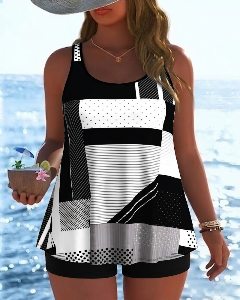 Plus Size Black White Geometric Patchwork Tankini Swimsuit