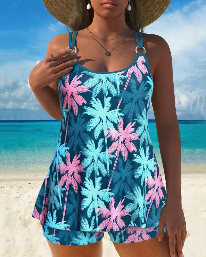 Plus Size Pink Blue Palm Tree Print Tankini Swimsuit