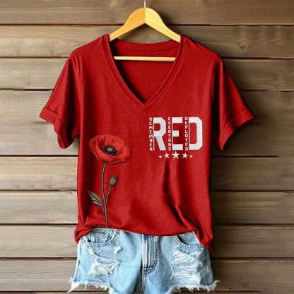Plus Size Women's Red Friday Inspired Print V-Neck T-Shirt