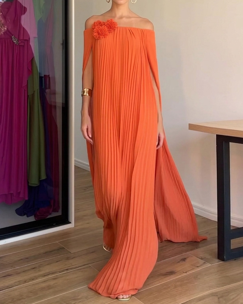Off-the-Shoulder Pleated Dress with Shawl Detail