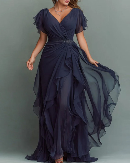 Dark Blue V-neck Chiffon Layered Maxi Dress