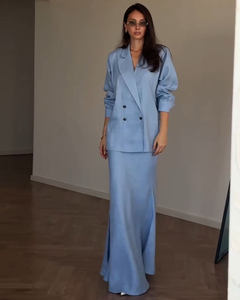 Light Blue Oversized Blazer & Maxi Skirt Set