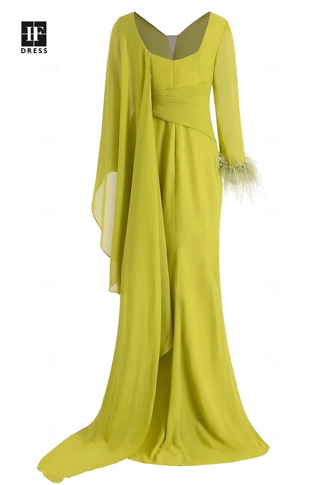 Long-Sleeves V-Neck Chiffon Mermaid Mother of the Bride Dress Pleated Floor-Length Cocktail Gowns