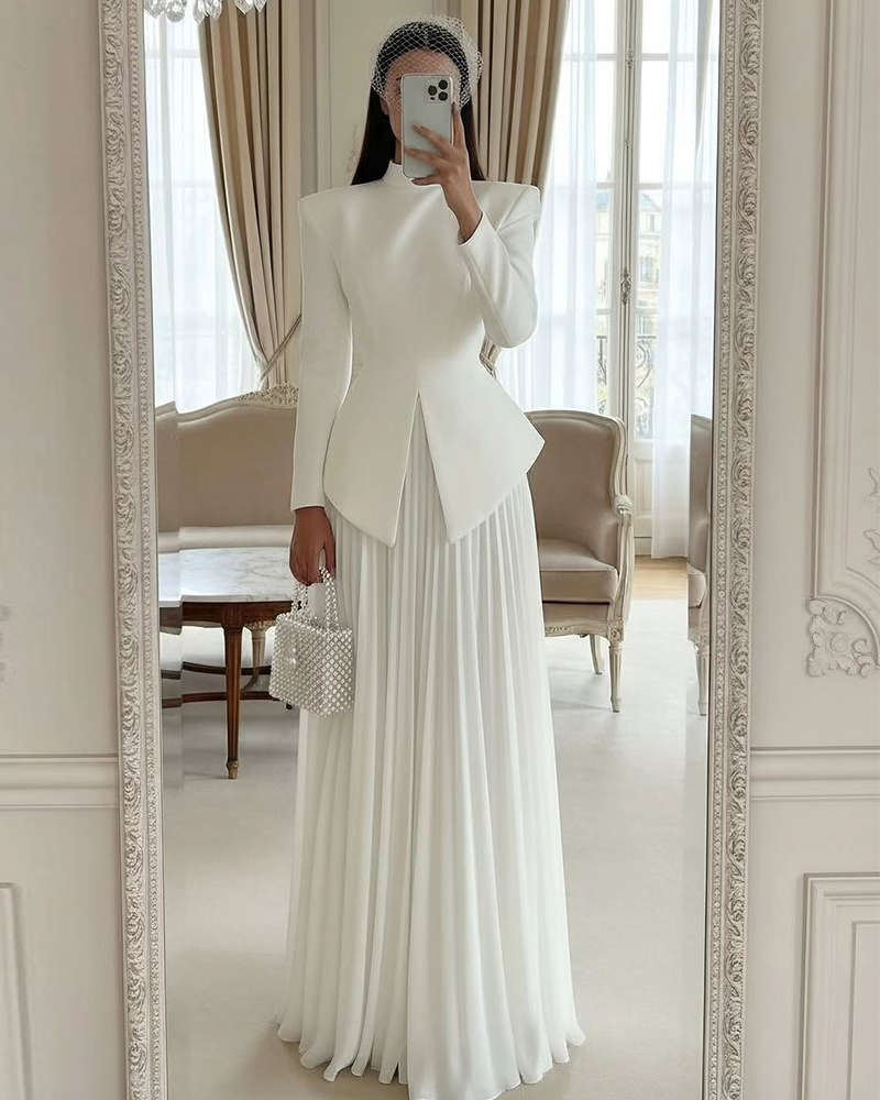 Elegant White Two Piece Set, High Neck Blazer Top & Pleated Maxi Skirt Formal Outfit
