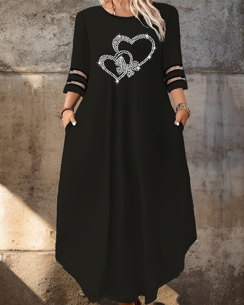 Plus Size - Elegant Women's Round Neck Heart-Shaped Rhinestone Mesh Spliced Three-Quarter Sleeve Dress