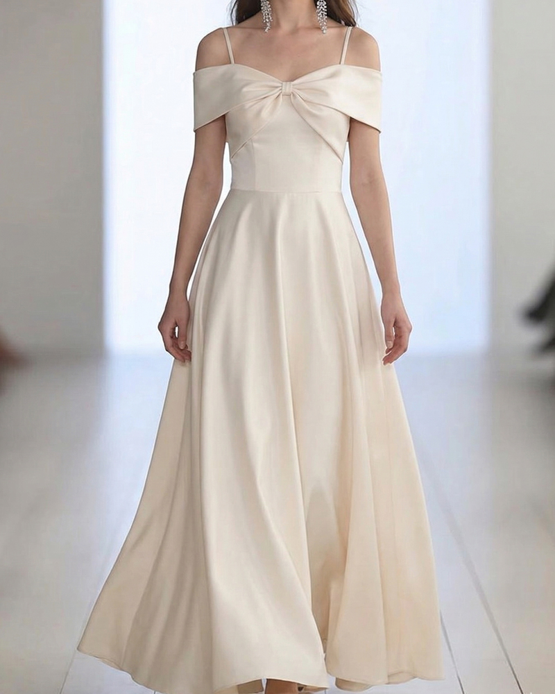 Elegant Off-the-Shoulder Satin Maxi Dress, Bow Detail A-Line Formal Evening Gown for Women