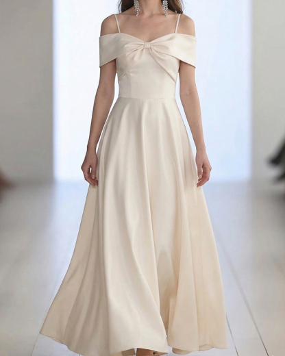 Elegant Off-the-Shoulder Satin Maxi Dress, Bow Detail A-Line Formal Evening Gown for Women